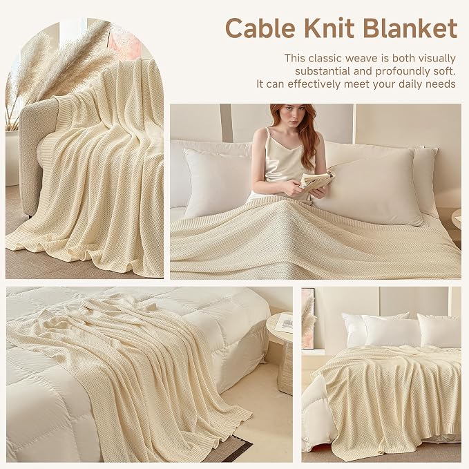 Simple&Opulence 100% Cotton Blanket King Size, Solid Color Cable Knitted Blanket Super Soft Comfortable Breathable Decorative Farmhouse for Couch Sofa Bed, All Season Use(White,104x90)