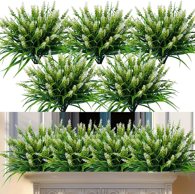 Nigirior Artificial Flowers for Outdoor Plants 24 Bundles Fake Lavender Plastic Faux Monkey Grass for Verandah Window Garden Office Patio Front Porch UV Resistant for Planter(White)