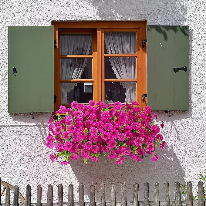 Hrobek Artificial Flowers for Outdoors Decoration, 12 Bundles Fake Plastic Flower Plant, Faux Colorful Silk Morning Glory Eucalyptus for Outside Garden Porch Front Door Decor, Purple
