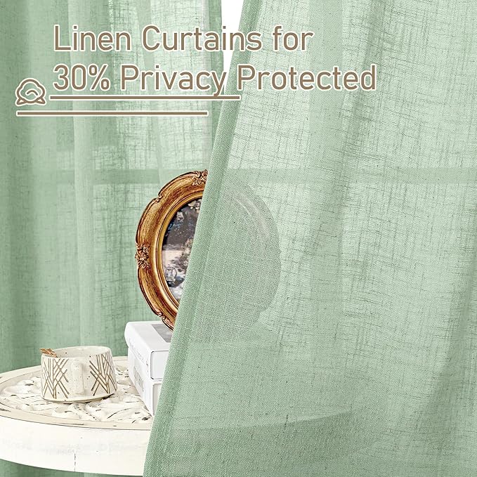 LAMIT Sheer Linen Curtains 63 Inch for Bedroom, Light Filtering Neutral Semi Sheer Farmhouse Boho Curtains Back Tab and Rod Pocket Living Room Panels, Fresh Green, 2 Panels, 52 x 63 Inch