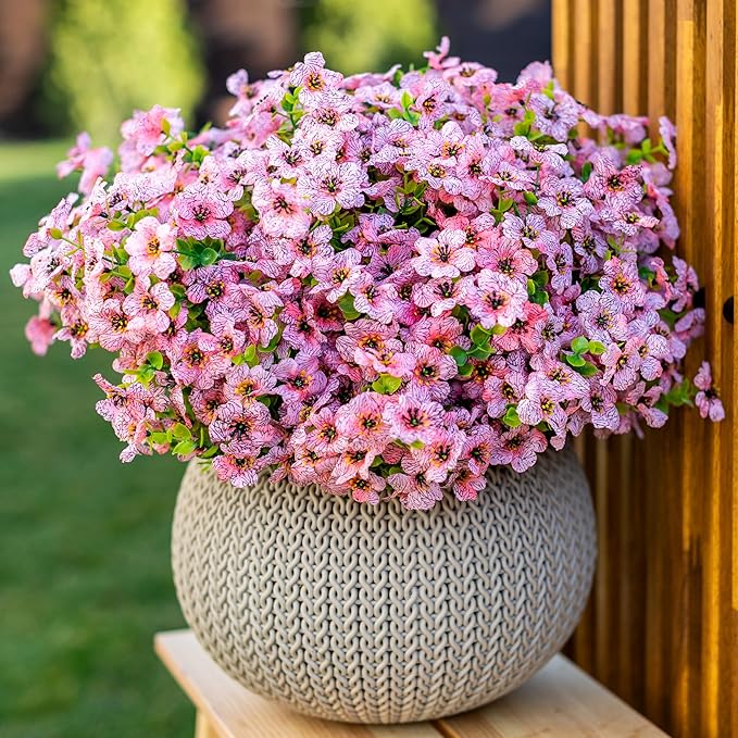 AXYLEX Artificial Flowers for Outdoors Fake Plants - 16 Bundles Faux Outside Greenery Boxwood No Fade Plastic Shrubs Fall Decor Farmhouse Home Garden Thanksgiving Mums (Pink)