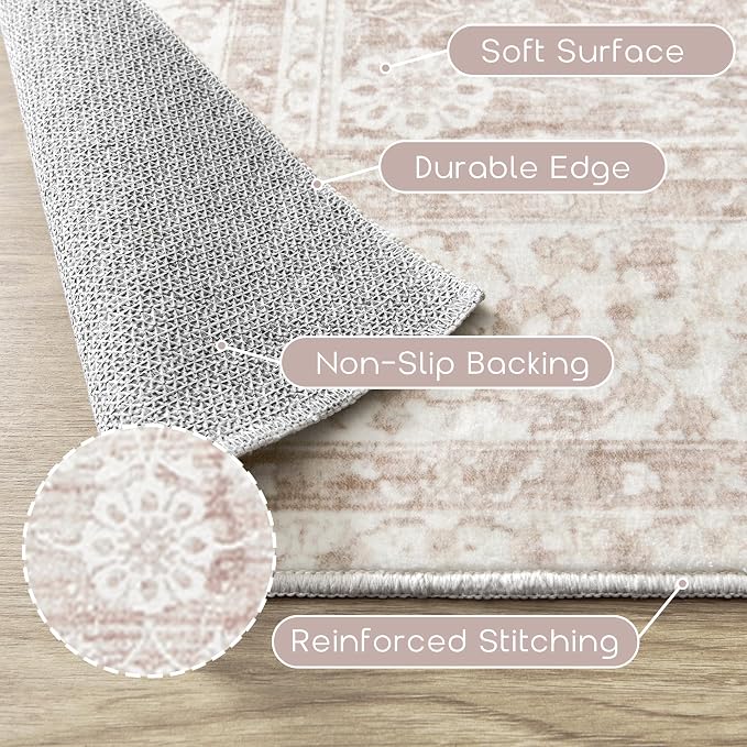 BILEEHOME Vintage Pink Rug 3x5 Washable Non Slip Floral Aesthetic Indoor Rugs for Entryway Kitchen Low Pile Carpet for Laundry Room Bathroom Front Door Mat for Entrance 3 x 5