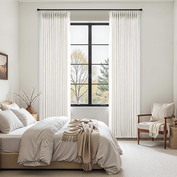 60 Inch Extra Wide Pinch Pleated Curtains 112 Inch Length for Living Room Large Window Drapes Light Filtering Privacy for Bedroom Back Tab with Hooks Clip Rings Natural 60W x 112L
