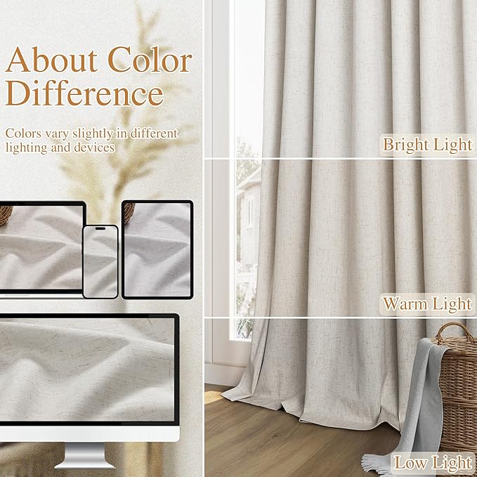 Guken Light Beige 100% Blackout Curtains 102 Inch Length 2 Panels Set for Living Room Bedroom Back Tab Winter Thermal Insulated Black Out High End Linen Drapes Room Darkening Window Curtain