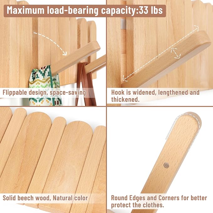 Coat Rack Wall Mount: Wooden Boho Wall Decor 6 Hooks 16.8'' Entryway Hanger with Magnetic Foldable Hooks Mounted, Space Saving for Hanging Jacket Bag for Apartments & Modern Homes