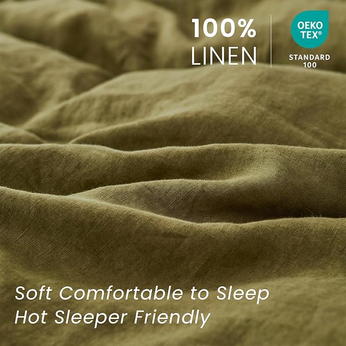 100% French Linen Pillow Shams Basic Style - Pack of 2 - Washed Solid Color Natural Flax Soft Breathable - Olive, 20'' x 26''