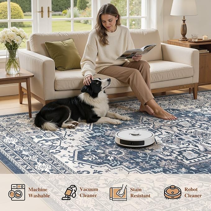 UERMEI 5x7 Area Rug for Living Room - Washable Vintage Carpet, Non-Slip Soft Large Indoor Floor Rugs for Bedroom Home Office & Under Dining Table Decor, Denim Blue/White