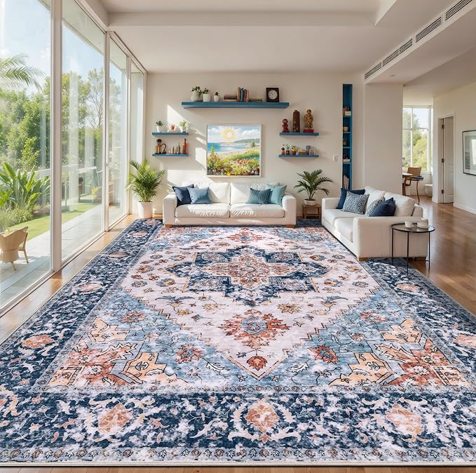 SERISSA 10x14 Area Rugs for Living Room, Large Washable Non-Slip Boho Rug, Ultra Soft Vintage Oriental Blue Orange Print Distressed Carpet for Dining Room Bedroom Office Home Decor