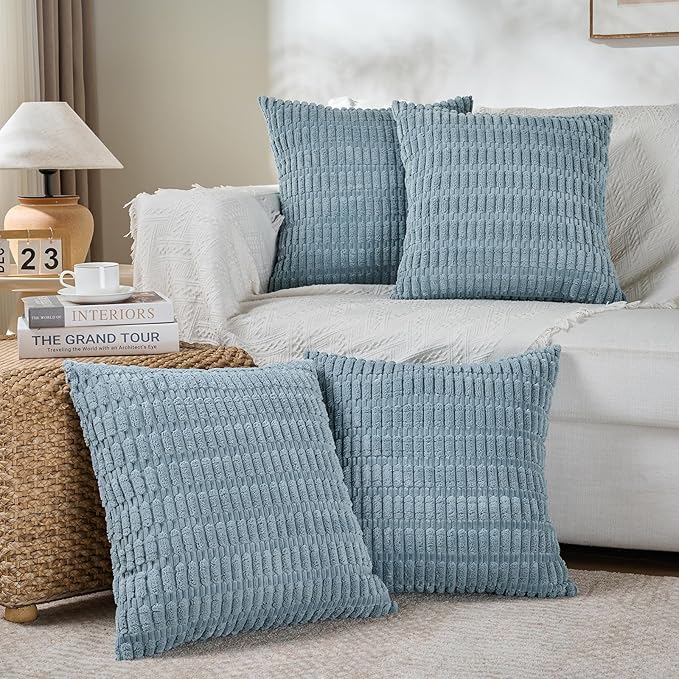 Fancy Homi 4 Packs Decorative Throw Pillow Covers for Living Room Couch Bed, Modern Farmhouse Boho Home Décor Accent Cushion Case, 24" x 24" (Pack of 4), Light Blue