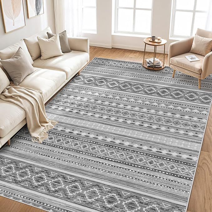 cotiled 9x12 Area Rug Living Room: Washable Boho Rugs with Non Slip Backing Large Soft Indoor Stain Resistant Carpet for Bedroom Farmhouse Dining Room Lightweight Home Decor Beige Grey