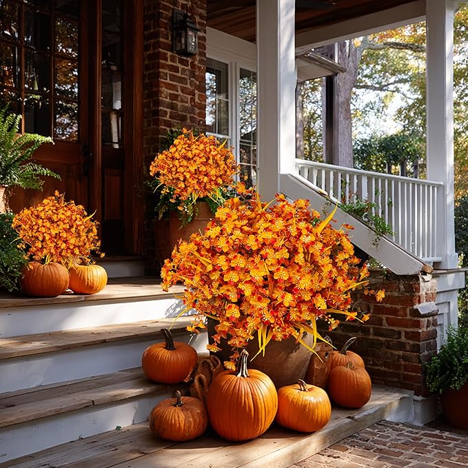 AXYLEX Artificial Mums for Outdoor Fall Flowers - Fake Plants UV Resistant No Fade Faux Plastic Home Decor Garden Porch Patio (1, OrangeMixed)