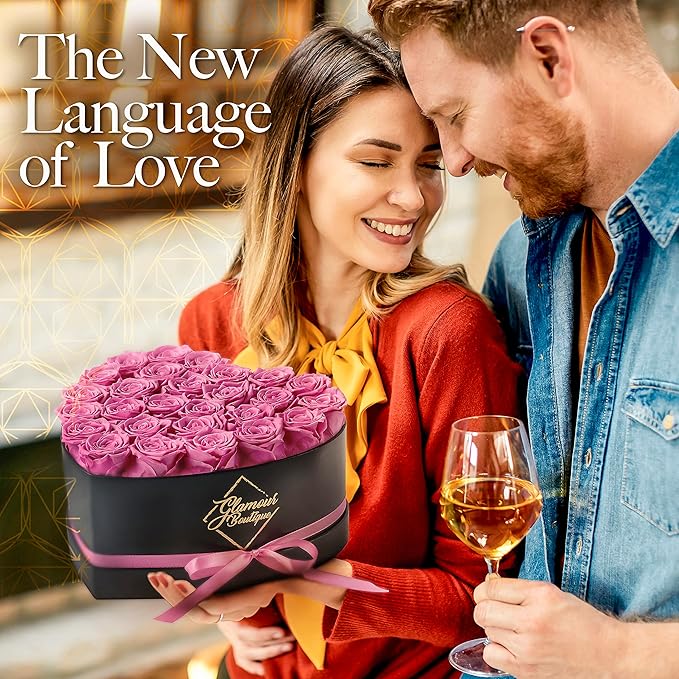 GLAMOUR BOUTIQUE 27 Flower Forever Heart Shape Box, Eternal Preserved Roses Gift for Her, Lasting Flowers, Premium Floral Heart Box for Birthday, Anniversary or Valentine’s Day, Pink (Color-Treated)