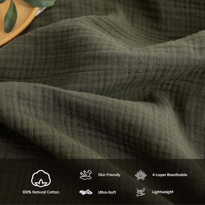 FOSSA Muslin Blanket 4-Layer 100% Cotton Gauze Blanket with Fringe 50"x60" | Super Soft Breathable Lightweight All Season & Decorative Blanket or Bed, Sofa, Office (Olive Green,Throw)