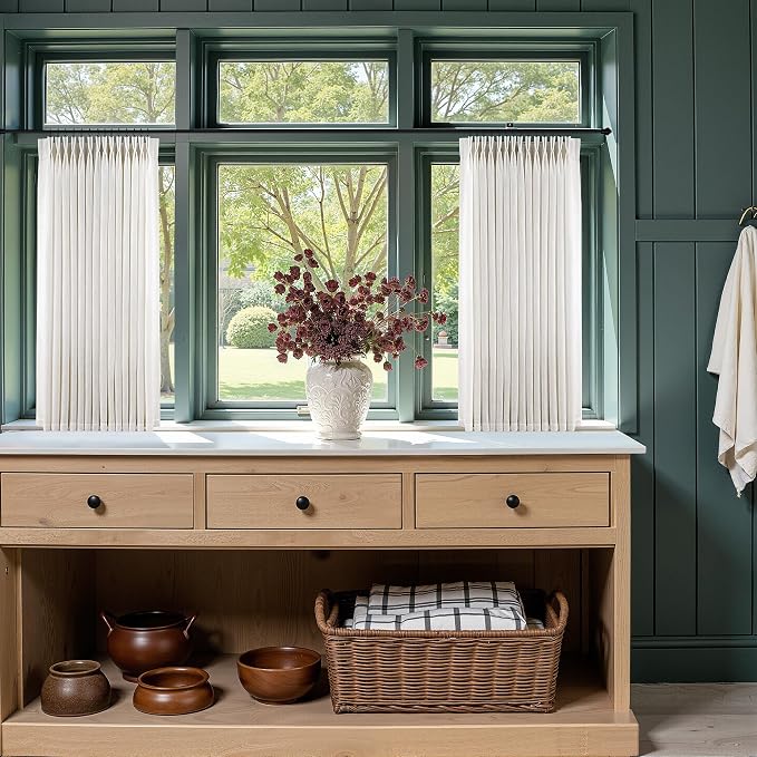 Linen Pinch Pleated Curtains 45 Inch Length 2 Panels for Kitchen Small Window Natural Cream Semi Sheer Curtains Light Filtering Privacy Cottage Window Drapes Back Tab with Hooks Clip Rings 40x45