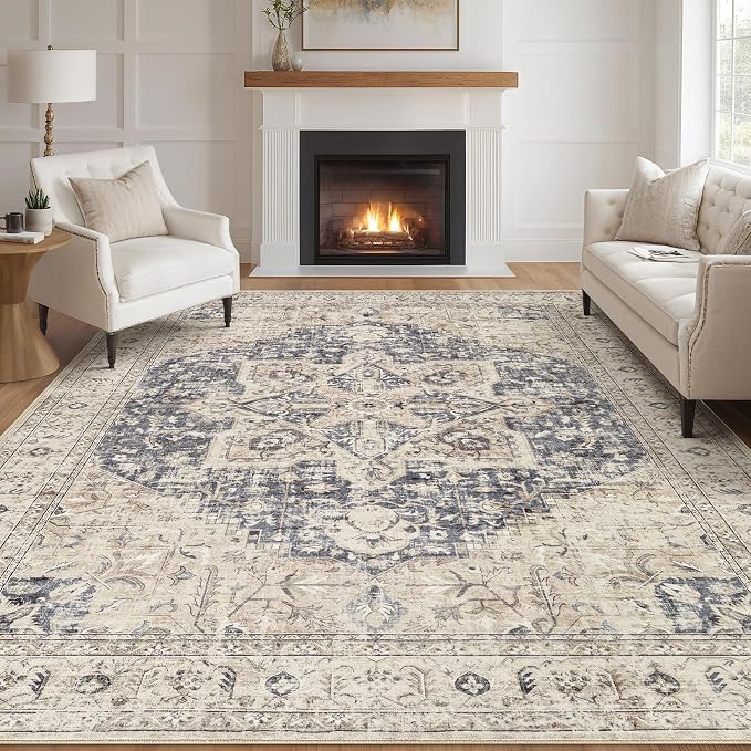 Tortania Area Rug Living Room Rugs - 7x10 Washable Boho Rug Vintage Oriental Distressed Farmhouse Large Thin Indoor Carpet for Living Room Bedroom Under Dining Table Home Office - Cream/Blue