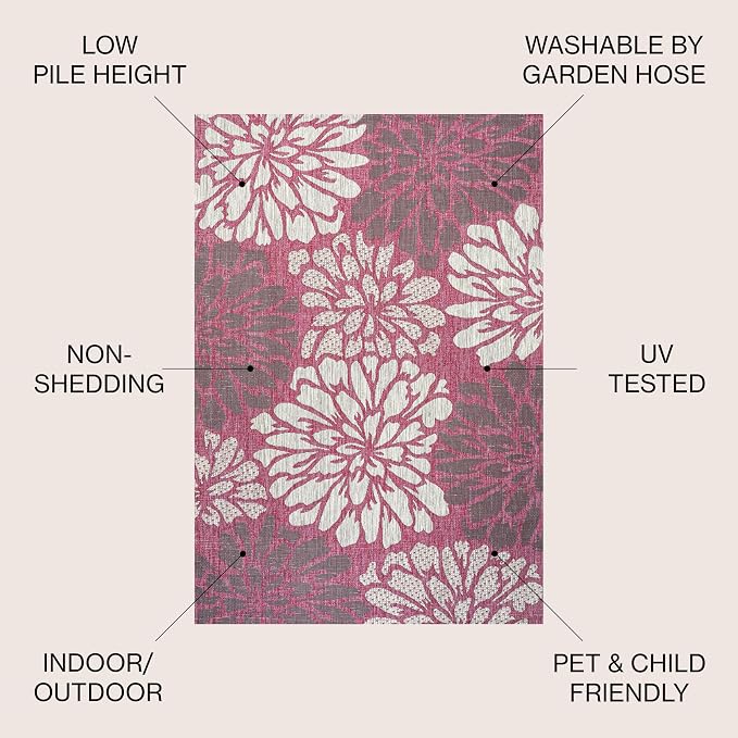 JONATHAN Y Floral Textured Weave Indoor Outdoor Square Area Rug 5X5 Fuchsia/Light Gray, Zinnia Modern for Backyard, Patio, Porch, Easy-Cleaning, High Traffic, Pet-Friendly, Non-Shedding (SMB110F-5SQ)