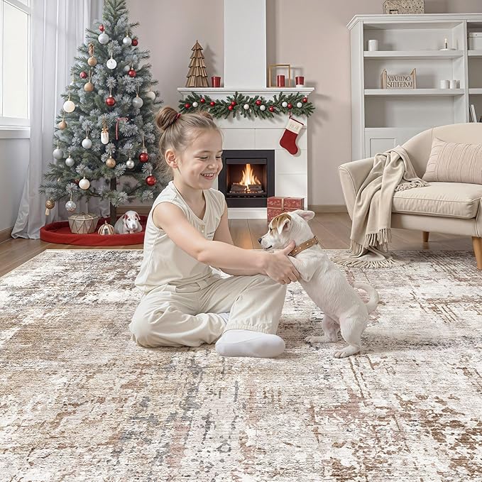 UERMEI Square Area Rugs : Washable 5x5 Neutral Modern Abstract Carpet for Living Room Bedroom - Soft Floor Mat with Non Slip Backing for Kitchen Nursery Dorms Farmhouse Home Decor - Brown/Grey/Red