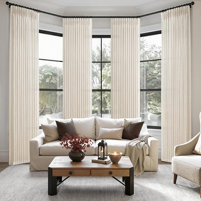 Birch Pinch Pleated Dining Room Curtains 92 Inches Long 4 Panels Set, Memory Shape Linen Blend Semi Sheer Window Curtain Light Filtering Privacy Country Drapes with Back Tab Ivory Beige 40"W x 92"L