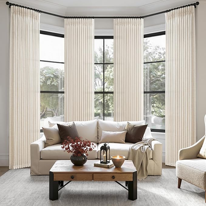Sheer Pinch Pleated 90 Inch Curtains 4 Panels Set for Sliding Glass Doors, Ivory Beige Memory Trained Thick Linen Light Filtering Rustic Window Drapes Birch Living Room Curtain 40 x 90 Inches Long