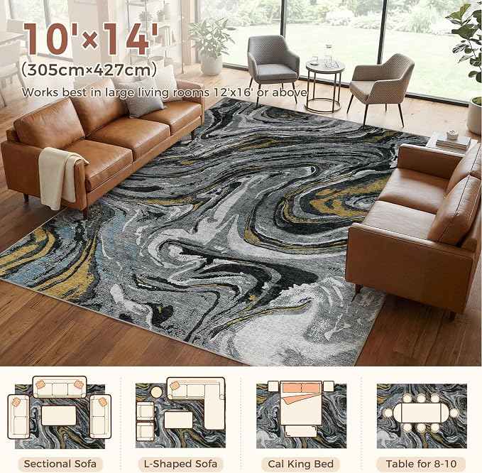 DMOYEST 10x14 Area Rug for Living Room-Washable Neutral Modern Abstract Rugs Soft Non-Slip Carpet Low Pile Indoor Floor Mat for Bedroom & Dining Room Decor for Families with Kids and Pet-Black Golden