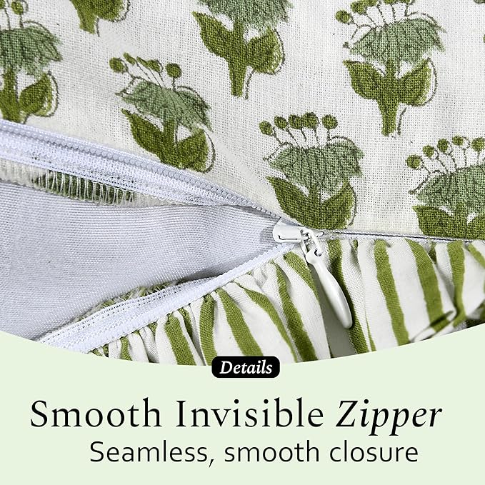 CPC Block Print Ruffle Throw Cover Emerald Green 20"x20" Inch Pack of 2-100% Cotton Ruffle Couch Decorative Boho Pillows Case for Living Room, Bedroom, Sofa, Farmhouse Gift for Spring, Mother's Day
