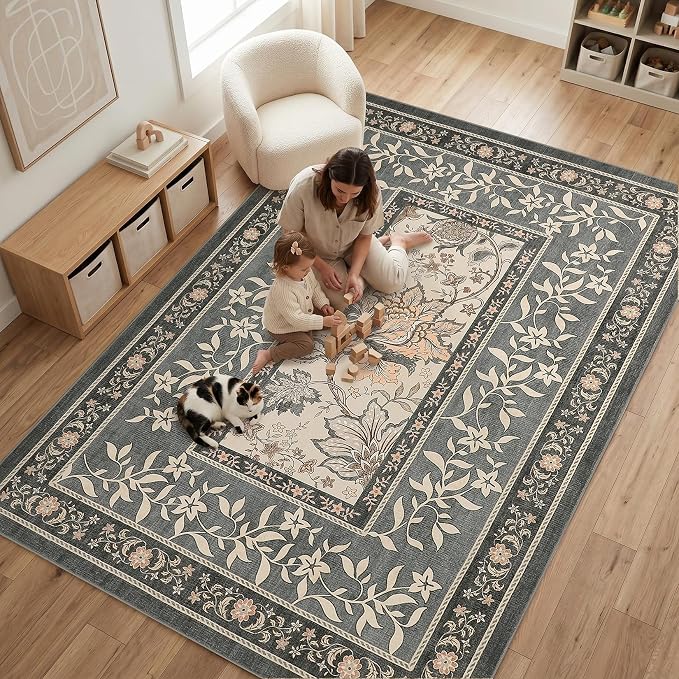GarveeHome Grey Area Rug 6x9 Washable Cottage Core Vintage Farmhouse Low-Pile Stain Resistant Non-Slip Rugs for Bedroom Living Room Nursery Kitchen Home Office TPE Backing Indoor Decor