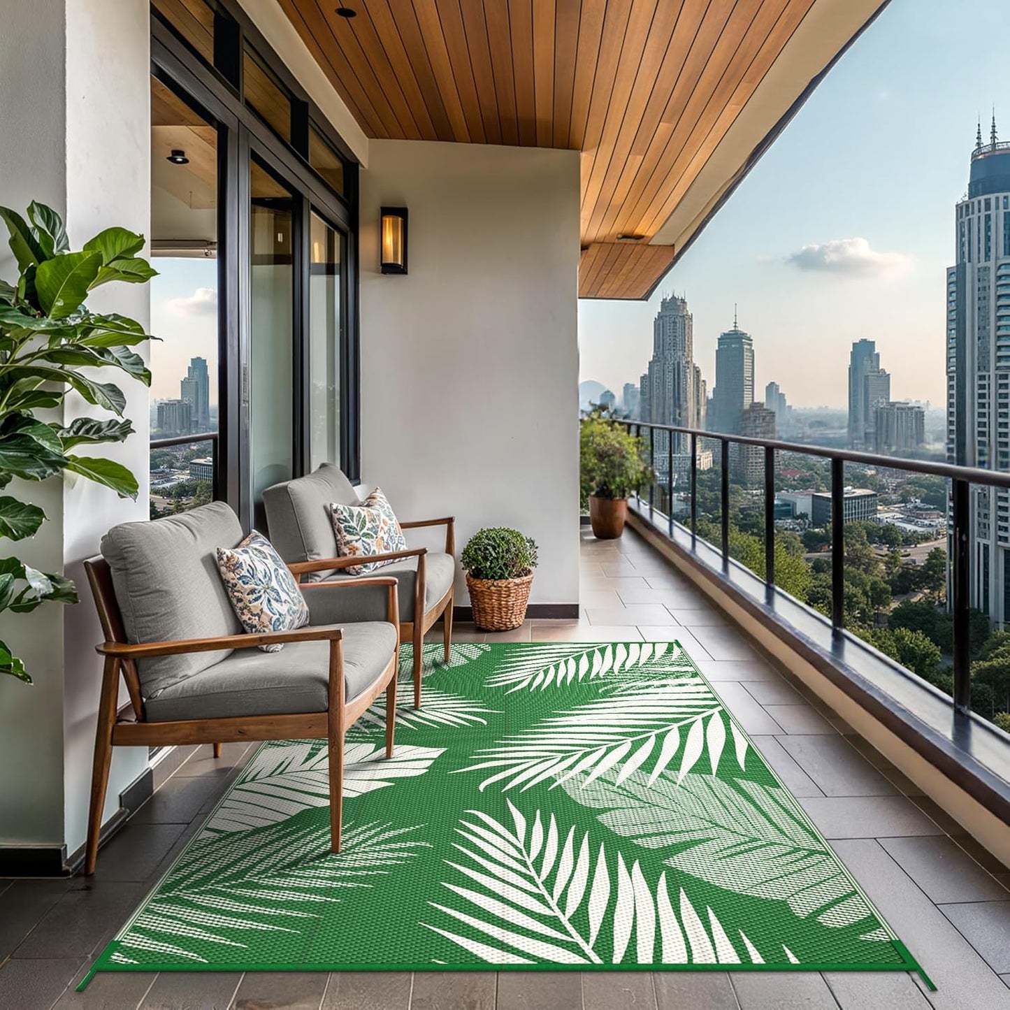 GENIMO Outdoor Rug 5' x 8' Waterproof for Patios Clearance, Reversible Plastic Straw Camping Rug Carpet, Large Area Rugs Mats for RV, Picnic, Backyard, Deck, Balcony, Porch, Dark Green&White