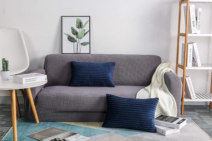 TangDepot Velvet Big Corduroy Pillow Covers 12x20 Navy Blue 2-Pack | Soft wide-stripe corduroy pillow cover, hidden zipper, machine washable, easy refresh, for bedroom living room indoor outdoor