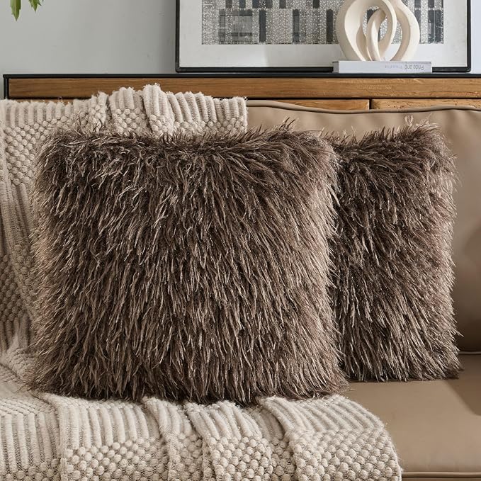 FUTEI Pack of 2 Shaggy Mongolian Faux Wool Throw Pillow Covers 18x18 Inch Soft Decorative Cushion Case for Couch Bed Living Room, Dark Coffee