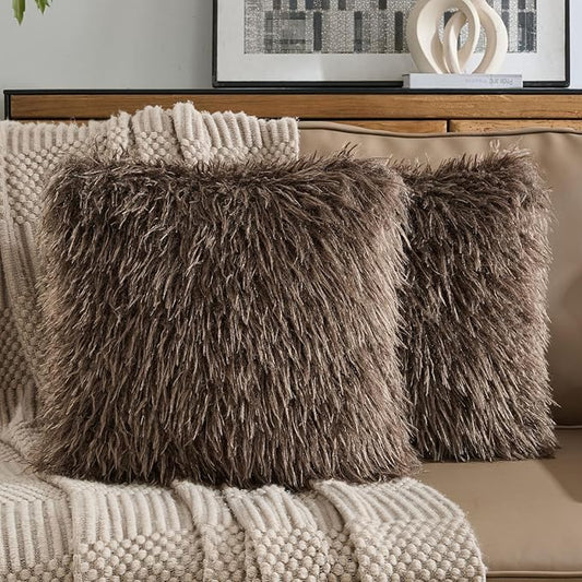 FUTEI Pack of 2 Shaggy Mongolian Faux Wool Throw Pillow Covers 18x18 Inch Soft Decorative Cushion Case for Couch Bed Living Room, Dark Coffee