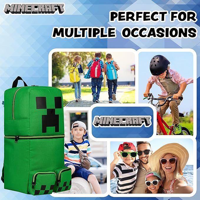 Minecraft Backpacks for Kids Creeper Boy Bag with Zipped Pockets Adjustable Straps Kids Bag for Gaming Travel and School Backpack Boy Gifts (Green 3D, 19.68x8.26x7.28inch)