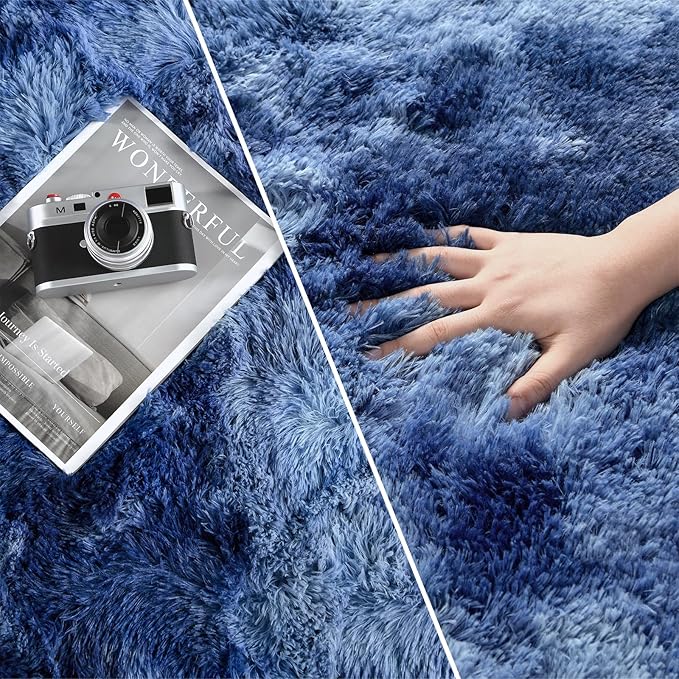 Deerhoo Shag Area Rug, 4 X 6 Plush Fuzzy Rugs for Living Room, Ultra Soft Fluffy Furry Rug for Bedroom, Indoor Carpet Nursery Rugs for Kids Room Home Decor, Tie-Dyed Navy Blue