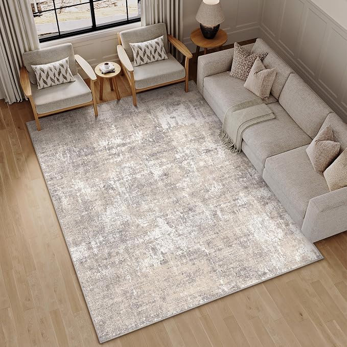 PureCozy Machine Washable Area Rug 5x7 Beige Gray Large Living Room Indoor Accent Rug Neutral Modern Abstract Low Pile Carpet Non Slip Distressed Throw Rug Bedroom Office Dining Room Kitchen Laundry