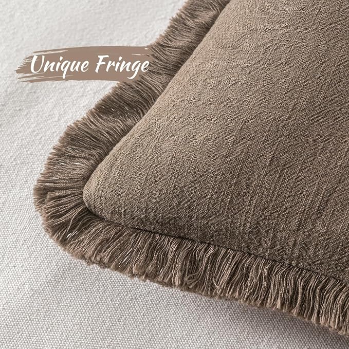 MIULEE Decorative Throw Pillow Covers Neutral Linen Fringe Throw Pillows Euro Shams Set of 2 Cocoa Brown Boho Farmhouse Cushion Covers for Couch Sofa Bed Living Room Fall Home Decor 28x28 Inch