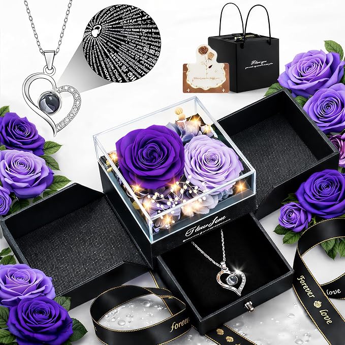 Forever Love Preserved Real Rose with Heart Necklace, Mothers Day Gifts for Mom, Wife, Anniversary Birthday Gifts for Women – Projects “I Love You” in 100 Languages
