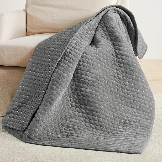 Levtex Home - Velvet Stitch Throw - Quilted Throw (50x60in.) - Velvet - Grey White - Reversible - Polyester