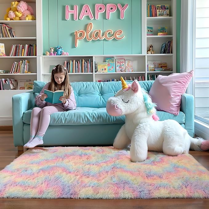 Washable 4x6 Rainbow Fluffy Shaggy Area Rugs, Kawaii Princess Soft Plush Carpet for Girls Bedroom Kids Playroom, Cute Colorful Fuzzy Rug for Nursery Dorm Baby Toddler Teenage