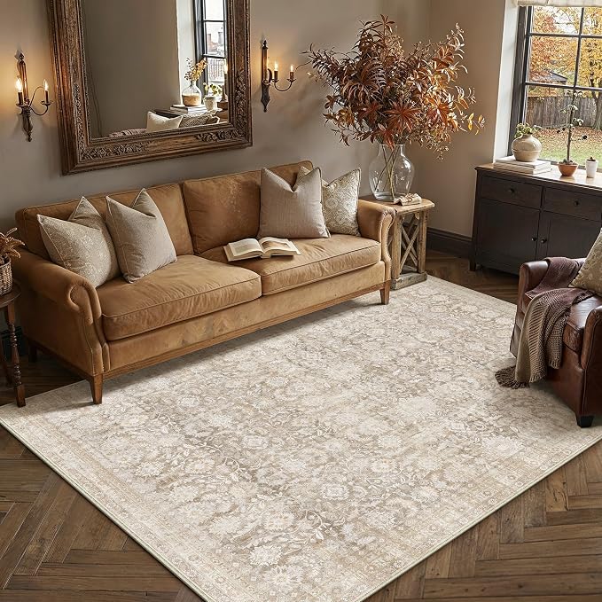 4x6 Beige Washable Neutral Area Rug Living Room Vintage Floral Non Slip Soft Thin Throw Rug Floral Distressed Stain Resistant Carpet Dining Room Kitchen Bedroom Playroom Office