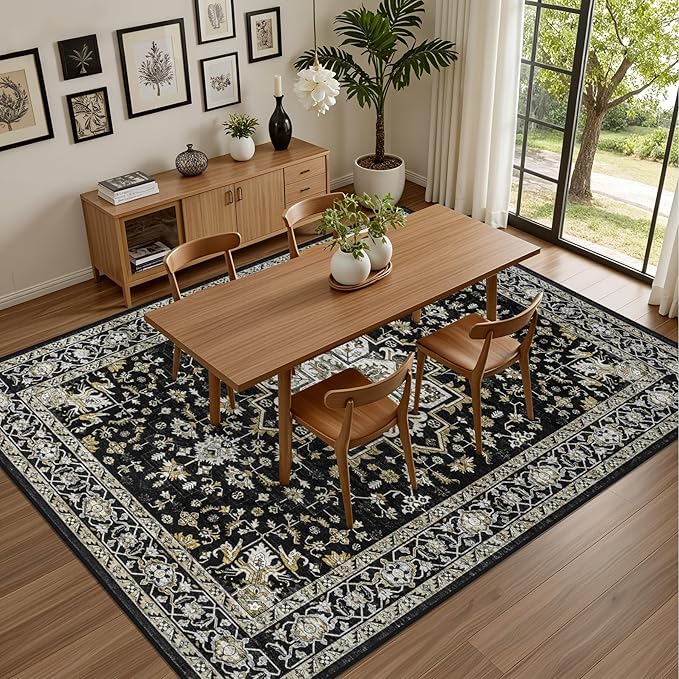 6x9 Area Rugs Living Room Rug: Washable Vintage Boho Medallion Rug No Slip Stain Resistant Soft Carpet Indoor Large Carpets for Bedroom Dining Room Farmhouse Nursery Hallway Home Office Black Gold