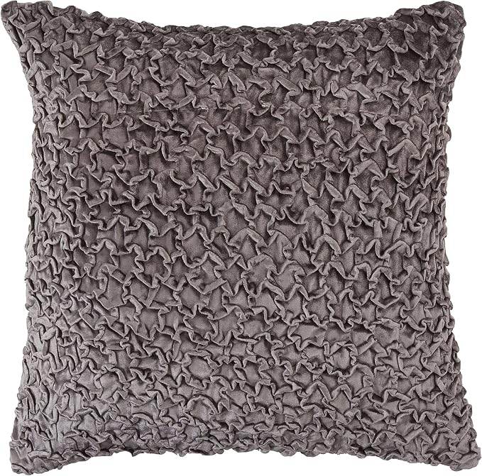 SARO LIFESTYLE Smocked Velvet Throw Pillow with Poly Filling, Slate, 20"