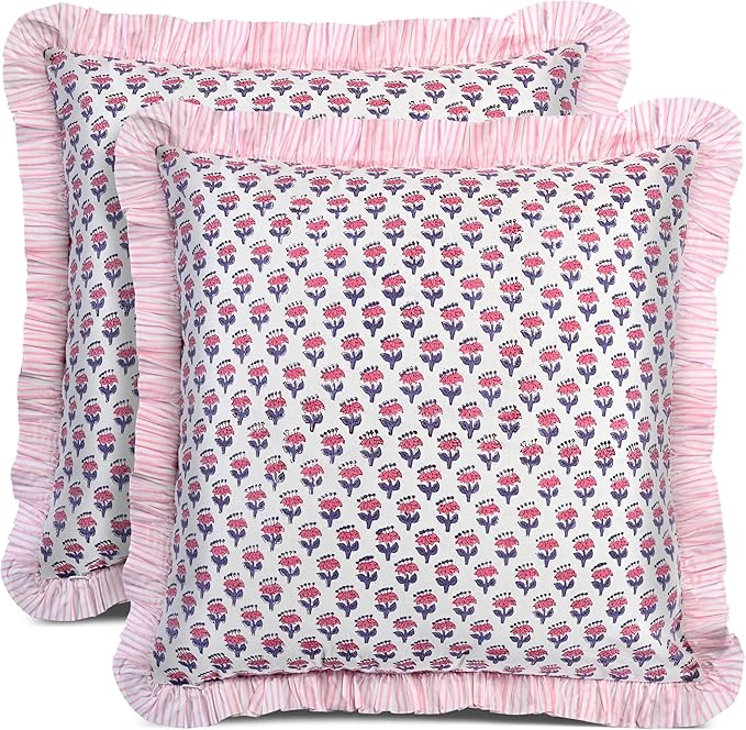 CPC Pink Sapphire Ruffle Throw Pillow Covers for Couch, 20x20 Inch Cotton Stripe Ruffle Couch Pillows for Living Room, Hidden 16 Inch Zipper Boho Pillow Case or Cute Outdoor Pillows