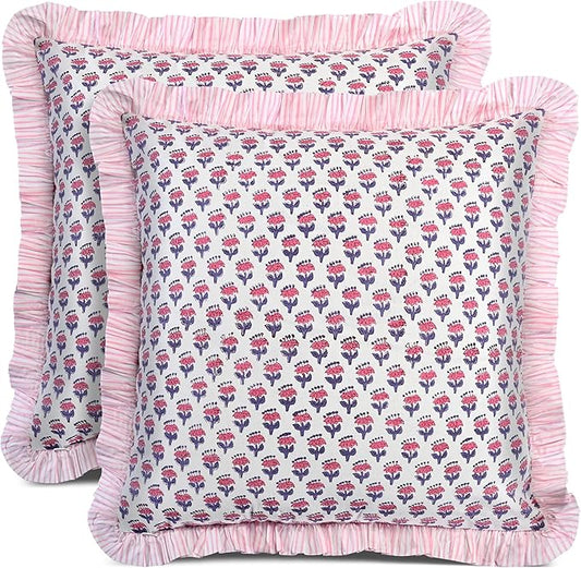 CPC Pink Sapphire Ruffle Throw Pillow Covers for Couch, 20x20 Inch Cotton Stripe Ruffle Couch Pillows for Living Room, Hidden 16 Inch Zipper Boho Pillow Case or Cute Outdoor Pillows