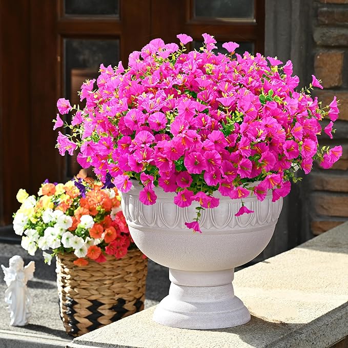 Waipfaru 24 Bundles Artificial Flowers for Outdoors Faux Plants Outdoor, UV Resistant Artificial Plants Outdoor, Silk Petunias Fake Flowers for Outside Home Decor Planter Porch Decoration, Rose Red