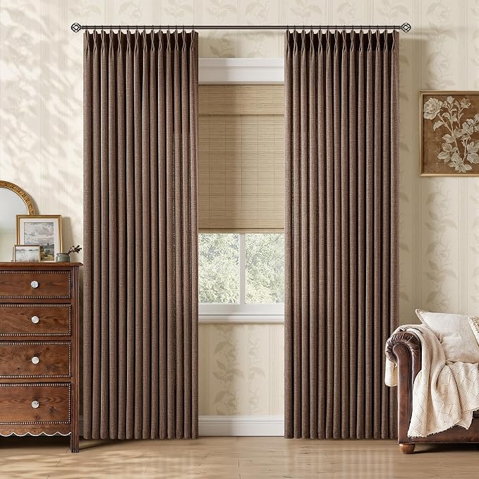 Pinch Pleated Linen Semi Sheer Curtains 86 Inches Long Dark Chocolate Brown Memory Training Light Filtering Pleat Curtains for Living Room Bedroom Rustic Vintage Office Dining Room Window Drapes 40x86