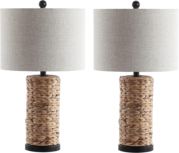 JONATHAN Y 25" Natural Coastal Water Hyacinth Table Lamp Set of 2, Bedside Lamp with Light Grey Linen Shade, Boho Farmhouse Decor for Living Room Nightstand, LED Bulbs JYL6502A-SET2