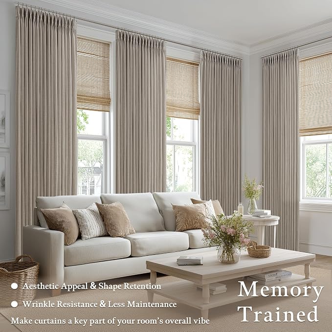 Dark Flax Pinch Pleated Viral Drapes 100 Inches Long 2 Panels Set for Living Room Dining Sliding Glass Door Luxury Pleat Linen Light Filtering Bedroom Curtain Ceiling Track System Taupe Burlywood