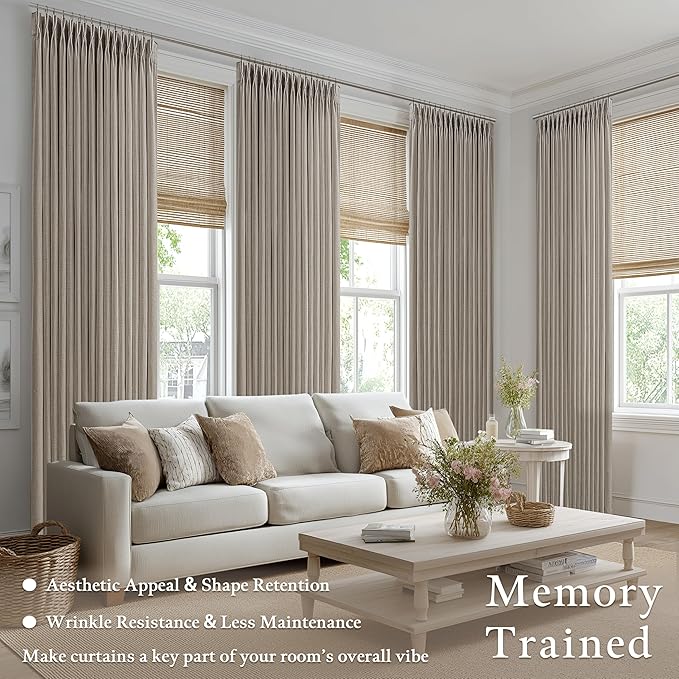 Taupe Burlywood Linen Curtains 80 Inches Long 2 Panels Set for Living Room Pinch Pleated Semi Sheer Window Drapes Light Filtering Burlap Flax Bedroom Curtain with Back Tab 50 x 80 Inch Length
