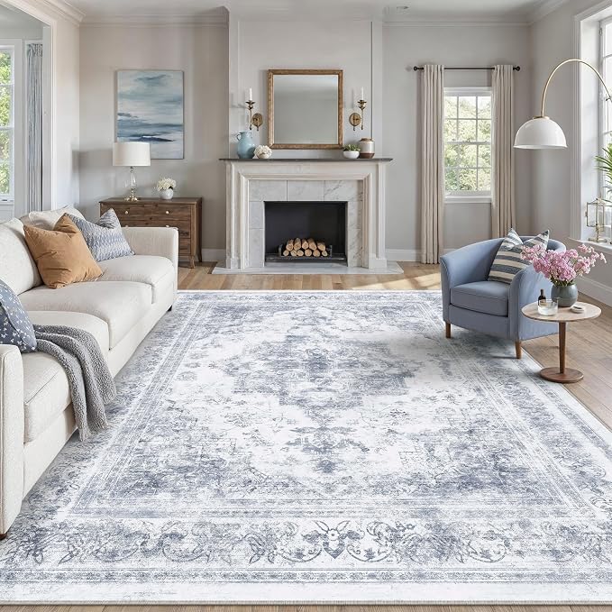 PureCozy Area Rug 5x7 Washable Blue Rug Vintage Boho Medallion Large Distressed Retro Carpet for Living Room Non Slip Indoor Low Pile Small Soft Bedroom Dining Room Home Office