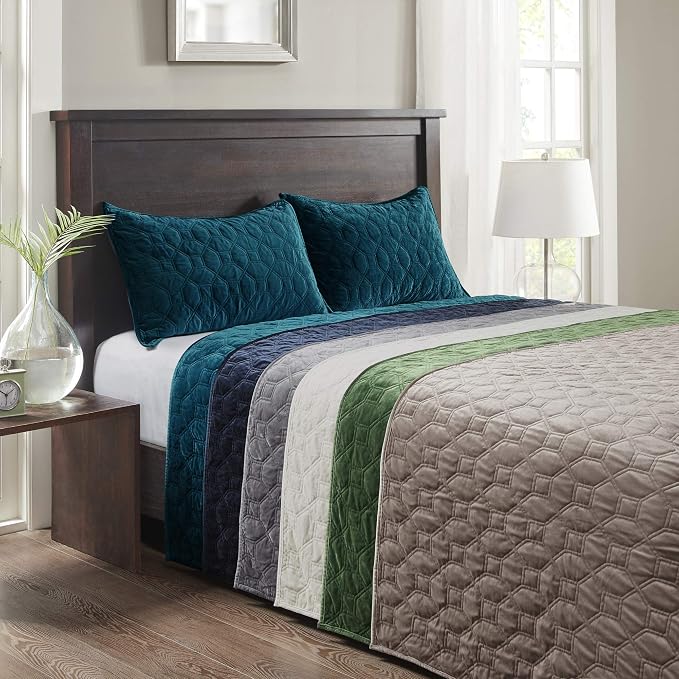 Madison Park Harper Quilt Set Velvet Casual Geometric Stitching Design All Season, Lightweight Coverlet, Cozy Bedding, Matching Shams, Full/Queen(90"x90"), Teal 3 Piece