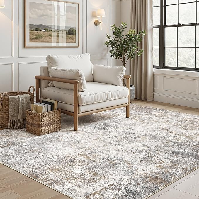 UERMEI 5x7 Area Rug Living Room Rugs - Washable Neutral Modern Abstract Soft Thin Large Rug Indoor Floor No Slip Rug Carpet for Bedroom Under Dining Table Home Office Decor - Brown Grey